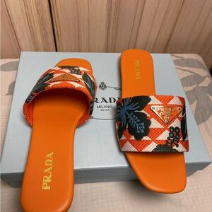 Prada Women's Orange Patterned Slide Sandals